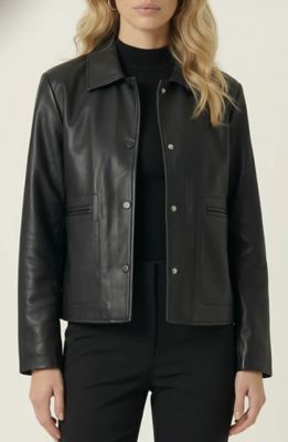 Modenaire Women's Leather Button Front Jacket with Collared Neck and Patch Pockets, Black, Medium