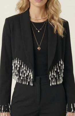 Modenaire Women's Beaded Cropped Blazer with Shawl Collar, Black, Large