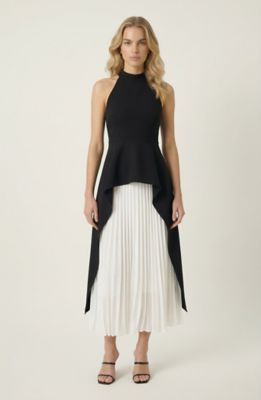 Modenaire Women's Halter Neck Asymmetric Layered Top with Pleated Midi Skirt, White, XL