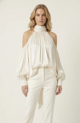 Modenaire Women's High Neck Cold Shoulder Satin Blouse with Draped Long Sleeves, Ivory, XL