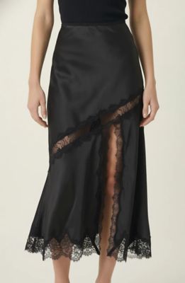 Modenaire Women's Lace Trim Asymmetric Satin Midi Skirt with Contrast Panel, Black, Small