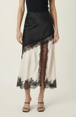Modenaire Women's Lace Trim Asymmetric Satin Midi Skirt with Contrast Panel, Beige, Medium