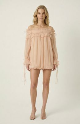 Modenaire Women's Off Shoulder Ruffle Mini Dress with Long Sleeve Tie Cuffs, Peach, Medium