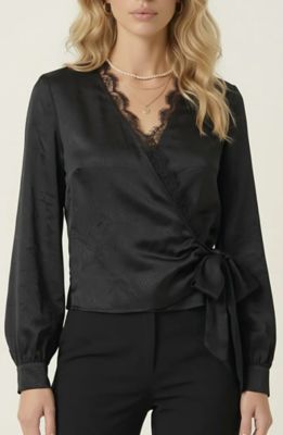 Modenaire Women's Wrap Blouse with Lace Trim V Neck and Long Sleeve Tie Detail, Black, Small