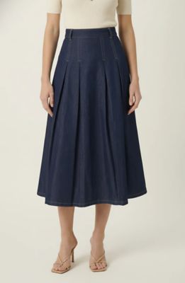 Modenaire Women's High Waist Midi Skirt with Pleated Detail and A Line Silhouette, Navy Blue, Small