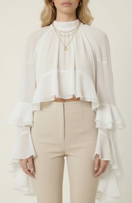 Modenaire Women's Sheer Ruffle Sleeve Blouse with High Neck and Layered Hem, White, XL