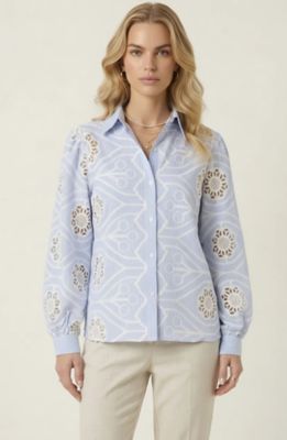Modenaire Women's Striped Eyelet Button Down Shirt with Long Sleeves and Collar, Light Blue, XL