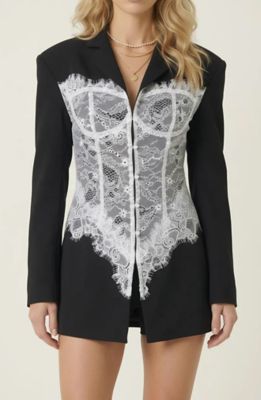 Modenaire Women's Lace Corset Detail Blazer with Tailored Fit and Button Front, White, Medium