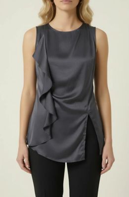 Modenaire Women's Sleeveless Blouse with Asymmetric Ruffle and Draped Detail, Gray, Medium