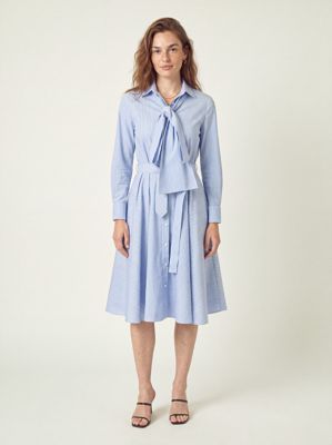 Modenaire Women's Striped Shirt Dress with Tie Neck Bow and Waist Belt Detail, Light Blue, Large