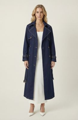 Modenaire Women's Denim Trench Coat with Belted Waist and Double Breasted Front, Blue, Small