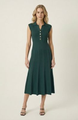 Modenaire Women's Sleeveless Knit Midi Dress with Collared Neck and Button Placket, Green, Small