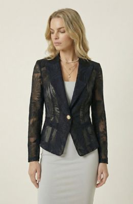 Modenaire Women's Tailored Blazer with Sheer Lace Sleeves and Single Button Front, Black, Medium