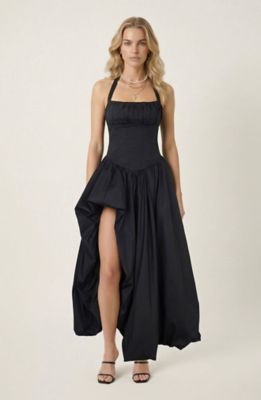 Modenaire Women's Halter Neck Corset Maxi Dress with Gathered Bodice and Full Skirt, Black, Large