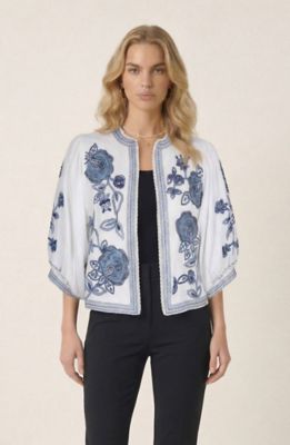 Modenaire Women's Floral Embroidered Open Front Jacket with Cropped Silhouette, White, Small