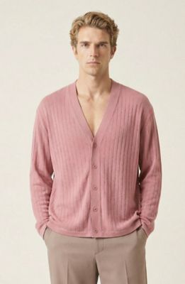 Modenaire Men's Ribbed Knit Cardigan with V Neck and Button Front Closure, Dusty Rose, Large