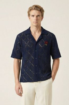 Modenaire Men's Open Knit Short Sleeve Shirt with Button Front and Embroidered Detail, Navy Blue, Large