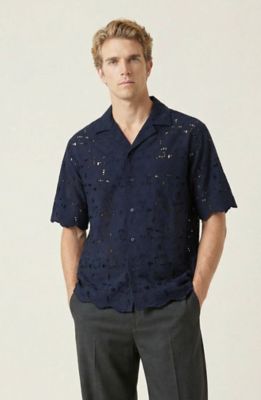 Modenaire Men's Textured Short Sleeve Shirt with Open Collar and Button Front, Navy Blue, XL
