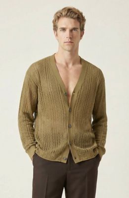 Modenaire Men's Open Knit Cardigan with V Neck and Button Front Closure, Green, Small