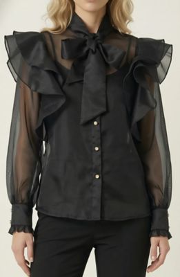 Modenaire Women's Sheer Ruffle Blouse with Oversized Bow Tie Neck and Button Front