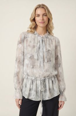 Modenaire Women's Sheer Printed Blouse with Ruffle Neck Tie Waist and Flowy Fit, White, Medium