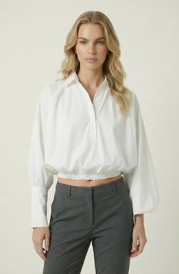 Modenaire Women's Long Sleeve Cropped Blouse with Elastic Hem and Relaxed Fit, White, Small