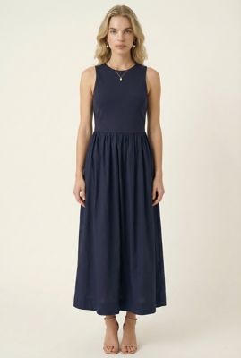 Modenaire Women's Sleeveless Midi Dress with Crew Neckline Fitted Bodice Gathered Waist and Flowy A Line Skirt, Navy Blue, Small