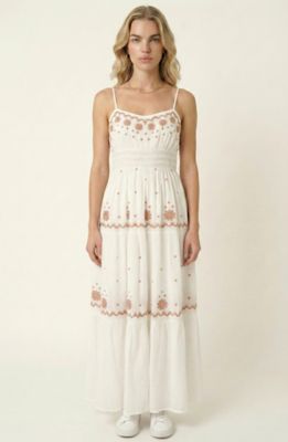 Modenaire Women's Sleeveless Embroidered Maxi Dress with Spaghetti Straps Tiered Skirt and Delicate Lace Trim Detail