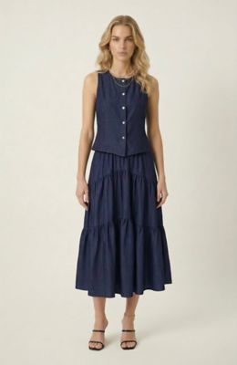 Modenaire Women's Sleeveless Structured Top and Tiered Midi Skirt Set, Navy Blue, Medium