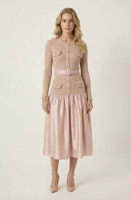 Modenaire Women's Ribbed Knit and Satin Midi Dress with Belted Waist Detail, Pink, Medium