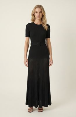 Modenaire Women's Ribbed Knit Midi Dress with Belted Waist and Pleated Skirt, Black, Medium