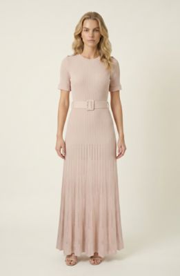 Modenaire Women's Ribbed Knit Midi Dress with Belted Waist and Pleated Skirt, Beige, Large