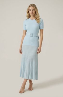 Modenaire Women's Ribbed Knit Midi Dress with Belted Waist and Pleated Skirt, Blue, Medium