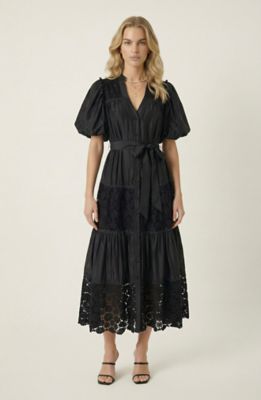 Modenaire Women's V-Neck Midi Dress with Puff Sleeves, Lace Paneling and Waist Tie Belt, Black, Large