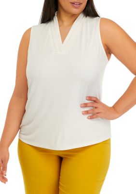 Anne Klein Women's Plus Size Solid Triple Pleat Top, White, 3X