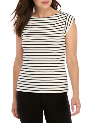Annie Wear Ruffled Striped Round Neck Cap Sleeve Knit Top