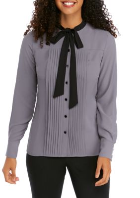 Anne Klein Long Sleeve Pintuck Bow Blouse