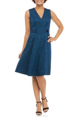 Calvin Klein Women's Jacquard Pleated Fit & Flare Dress Blue Size 10