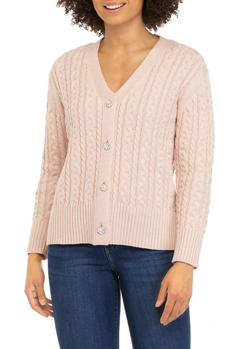 Anne Klein Womens Cable Cardigan with Jewel Buttons