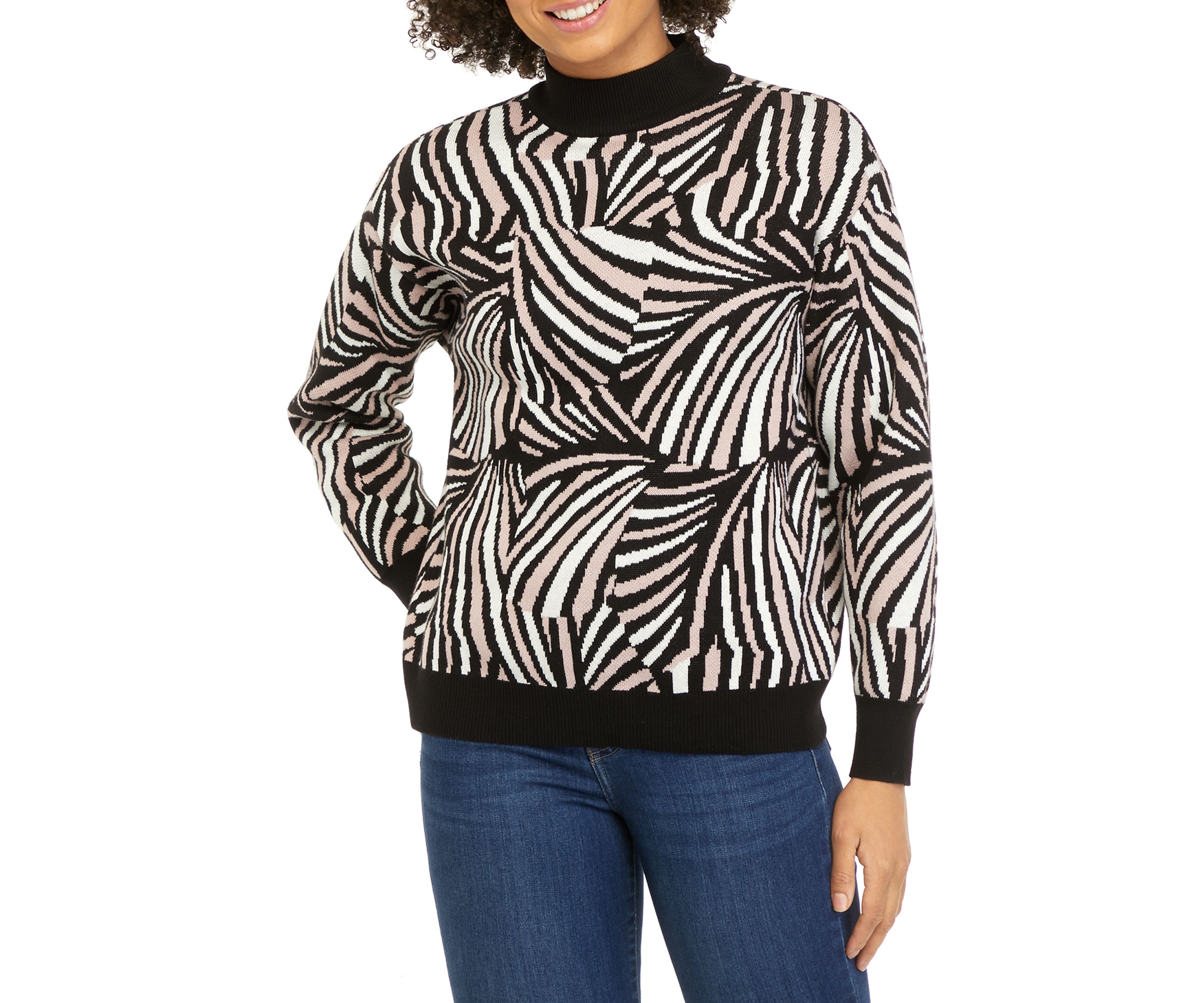 Womens Puff Sleeve Fan Jacquard Sweater 