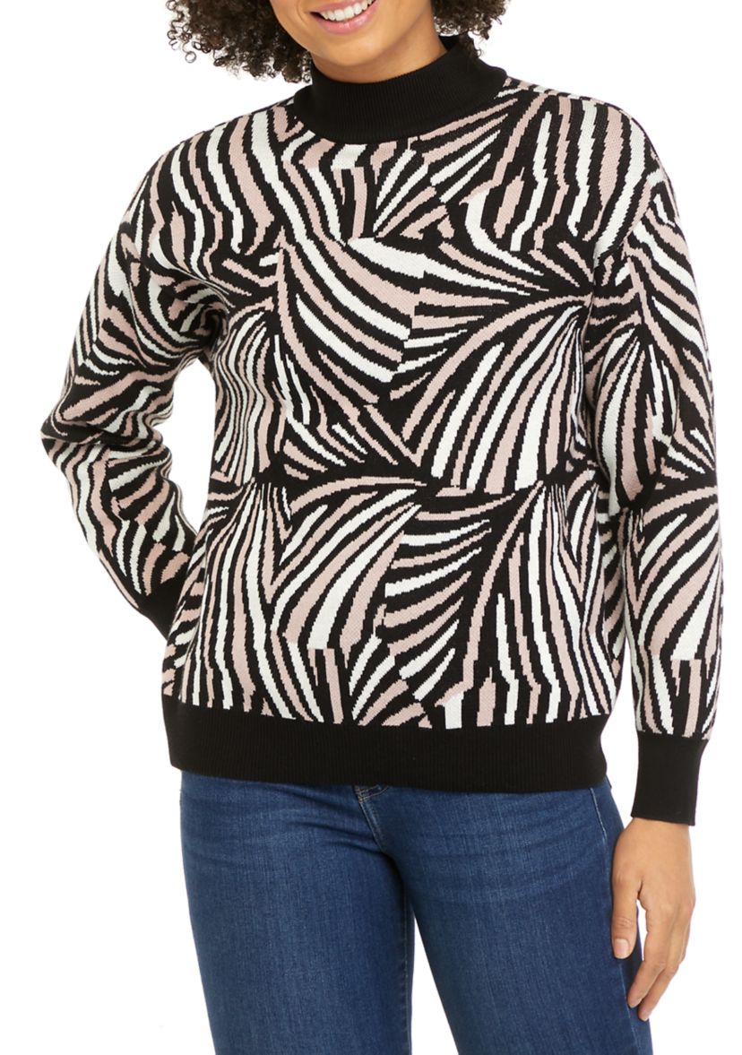 Womens Puff Sleeve Fan Jacquard Sweater 