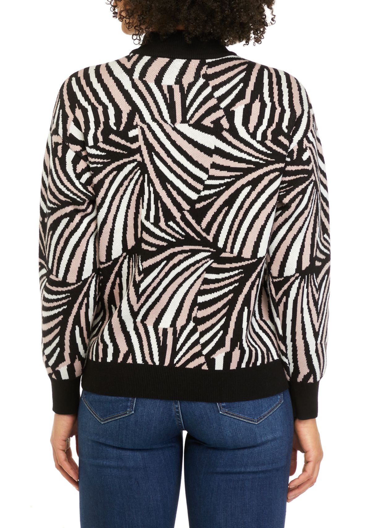 Womens Puff Sleeve Fan Jacquard Sweater 