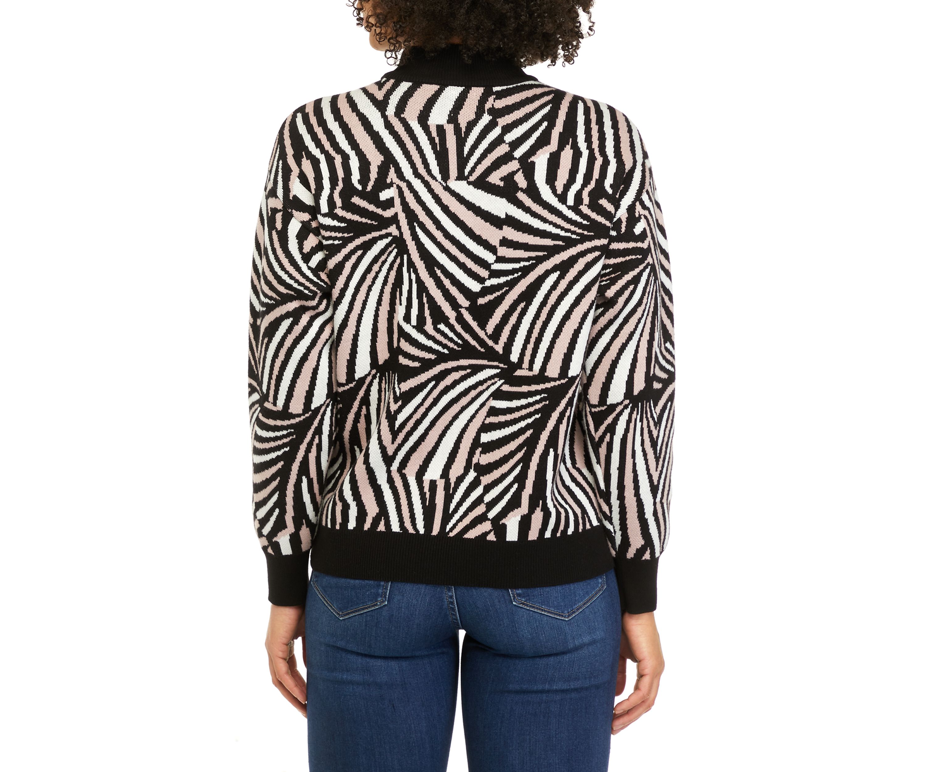 Womens Puff Sleeve Fan Jacquard Sweater 