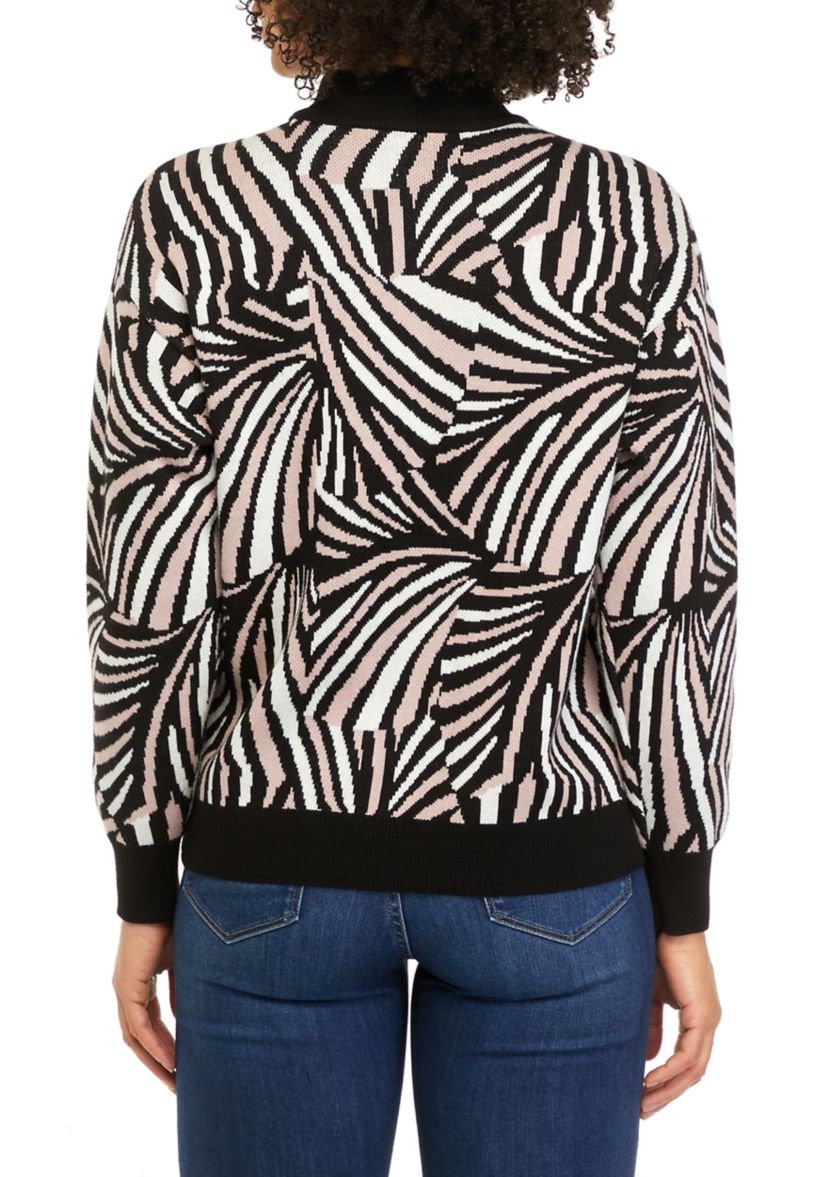 Womens Puff Sleeve Fan Jacquard Sweater 