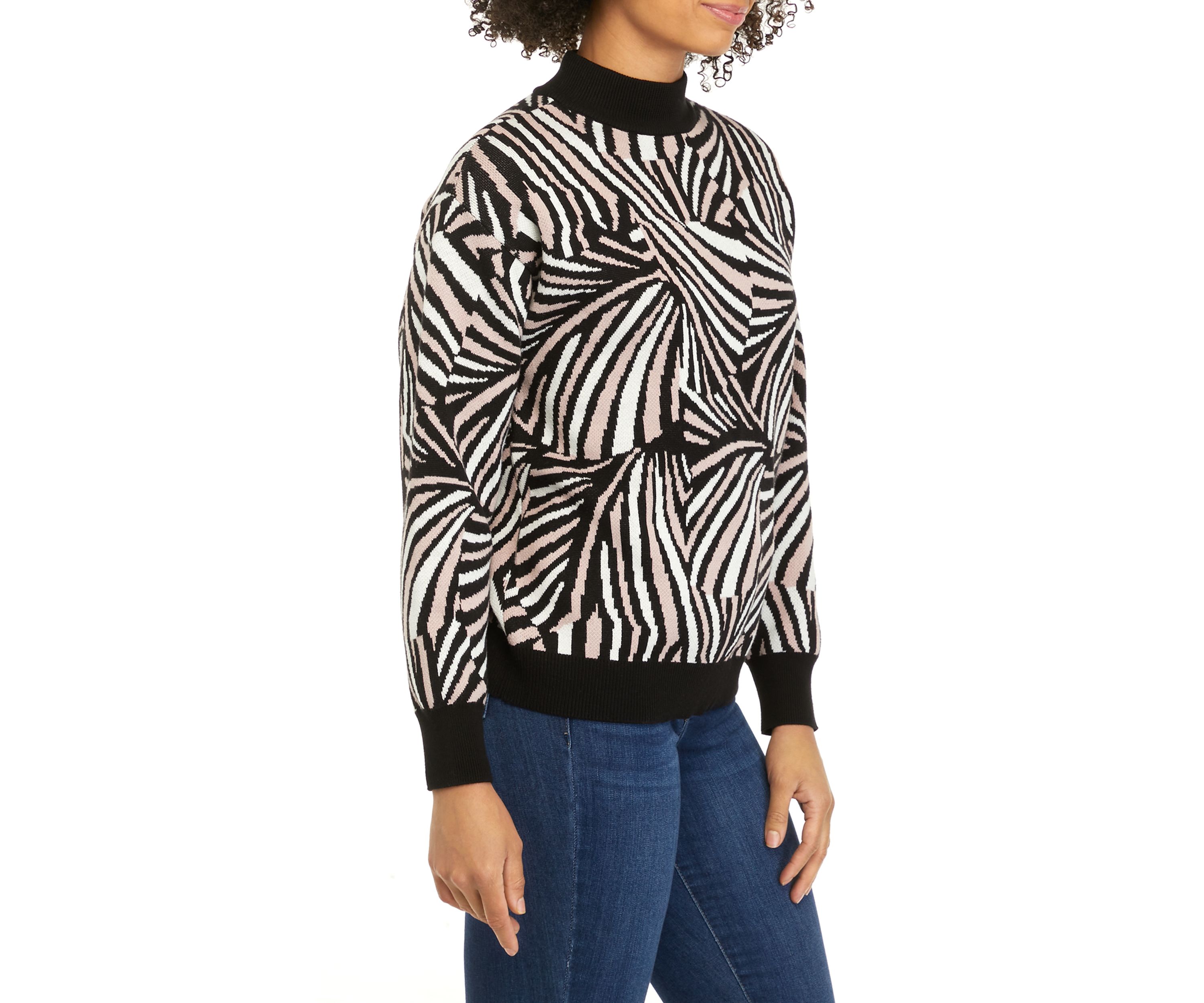 Womens Puff Sleeve Fan Jacquard Sweater 
