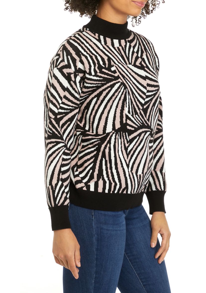 Womens Puff Sleeve Fan Jacquard Sweater 