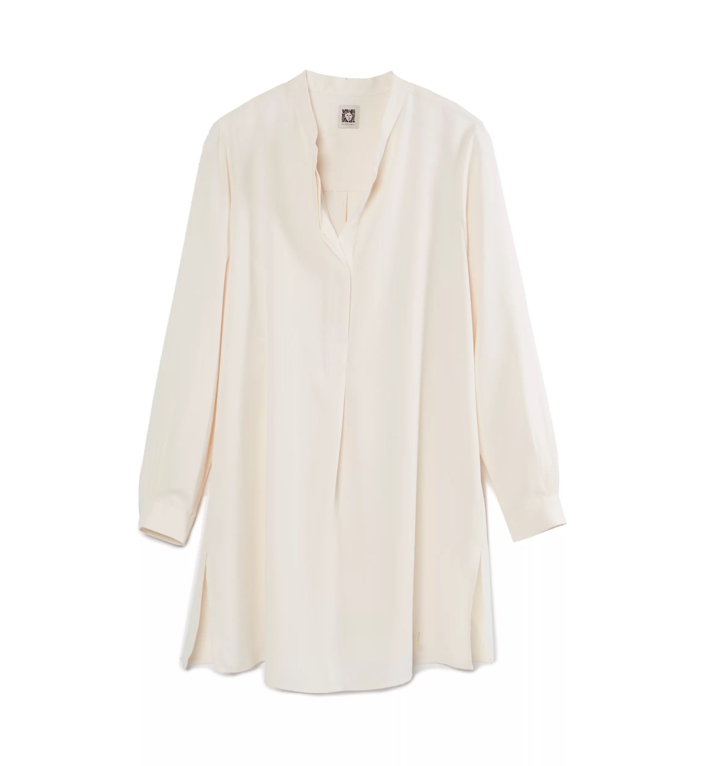 Petite Long Sleeve Popover Blouse with Covered Placket and Side Slits