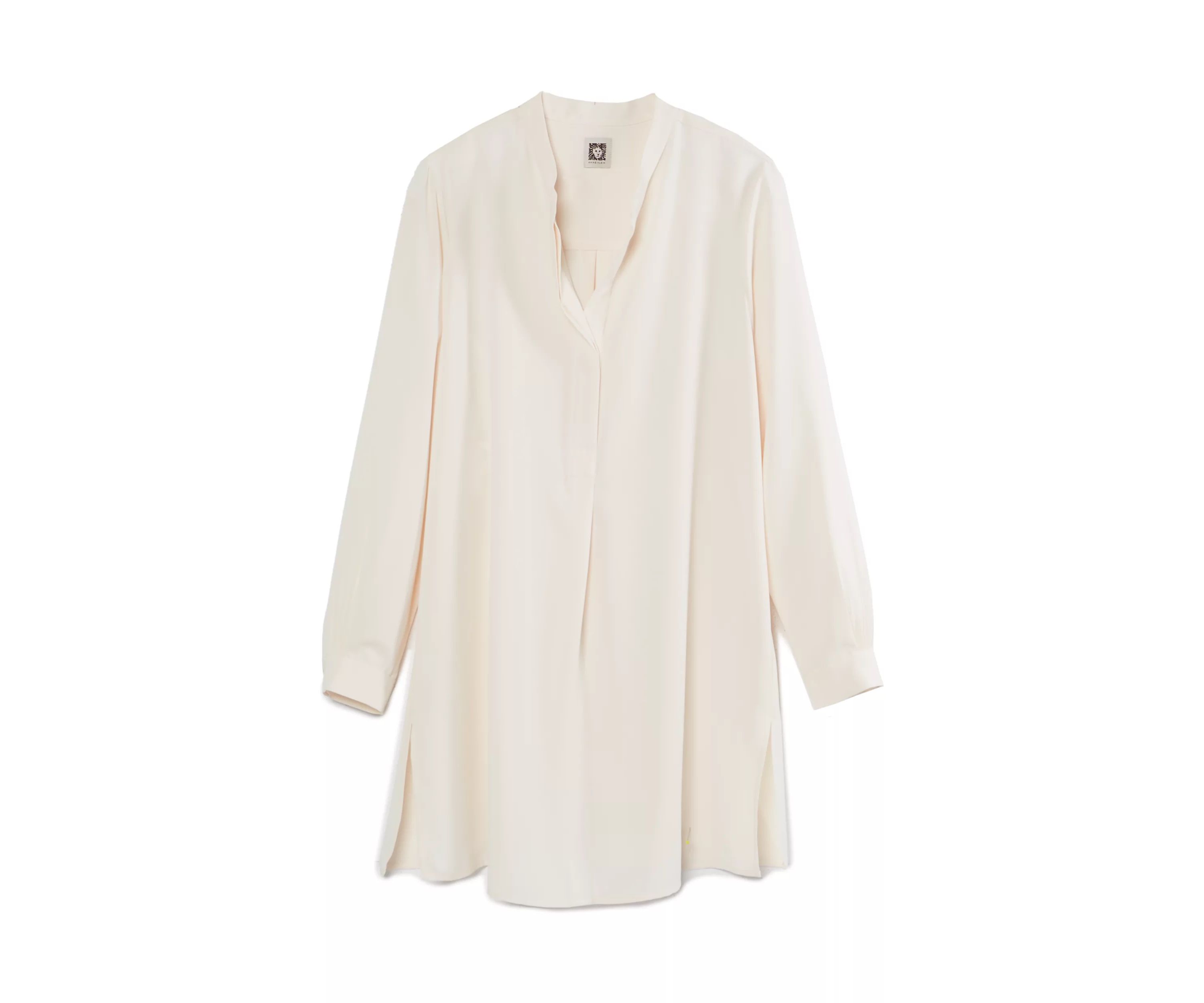 Petite Long Sleeve Popover Blouse with Covered Placket and Side Slits
