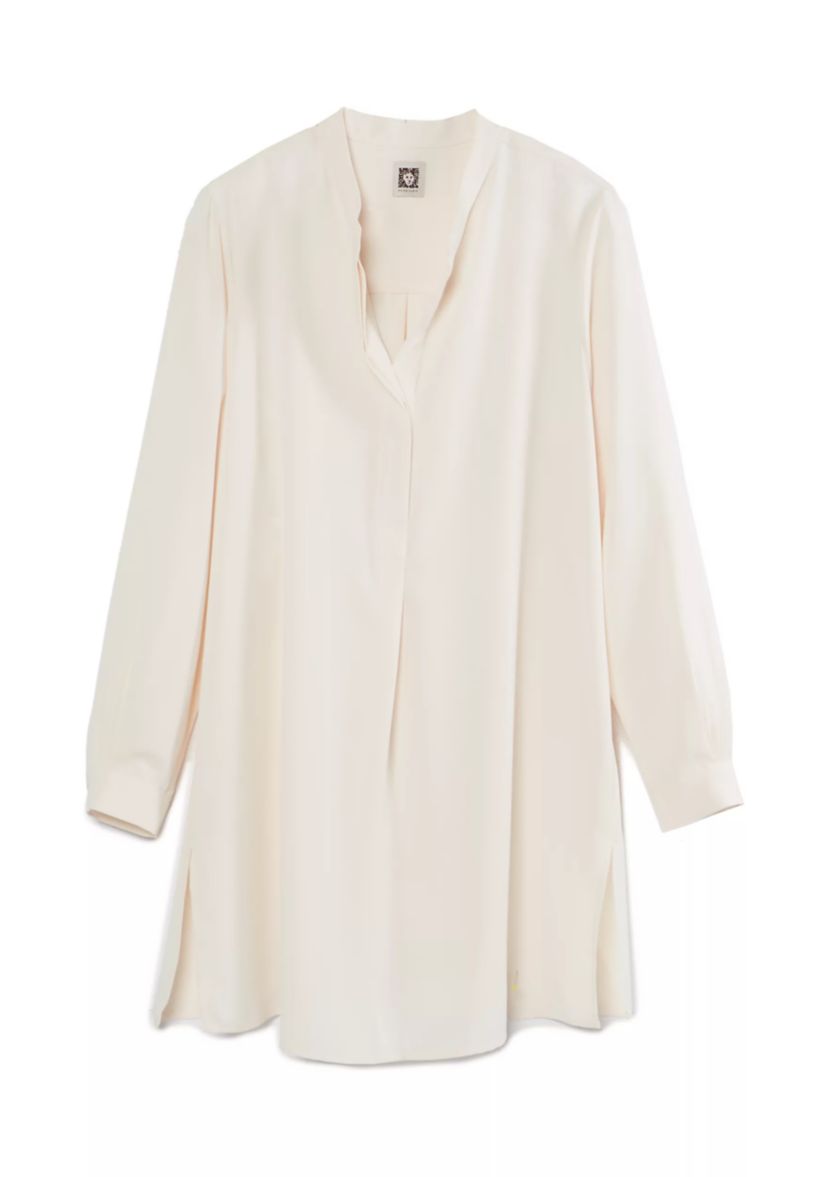 Petite Long Sleeve Popover Blouse with Covered Placket and Side Slits