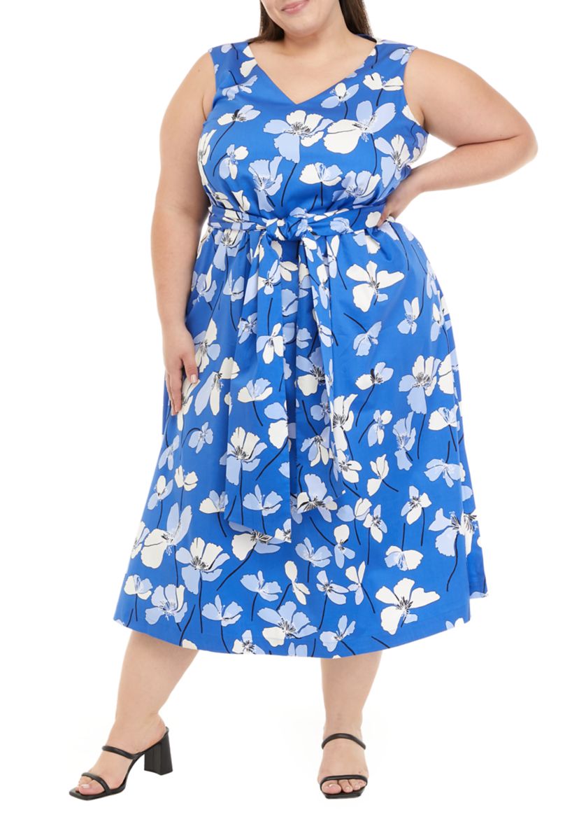 Anne Klein Plus Size Floral V-Neck Midi Dress with Attached Sash | Belk